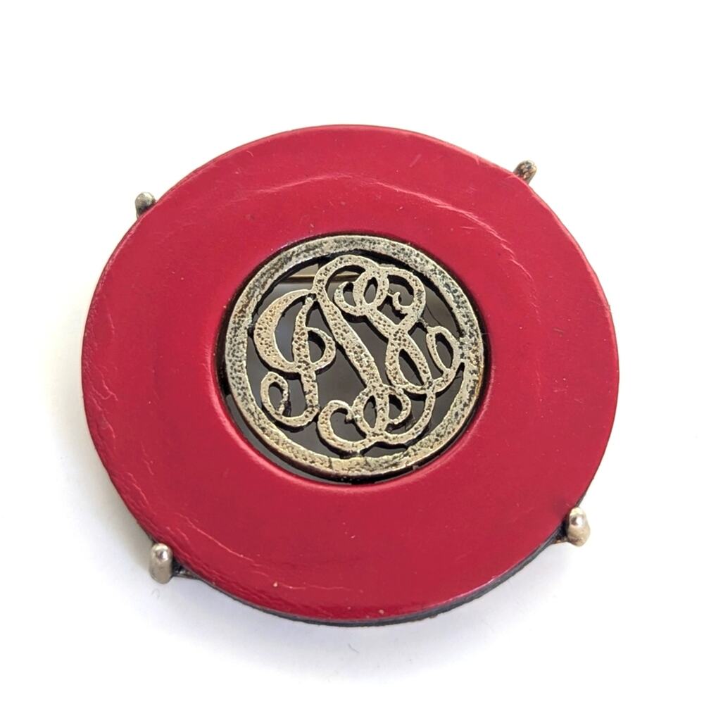 Vintage Victorian Style Red Leather Scrolling Open Work Monogram Brooch
